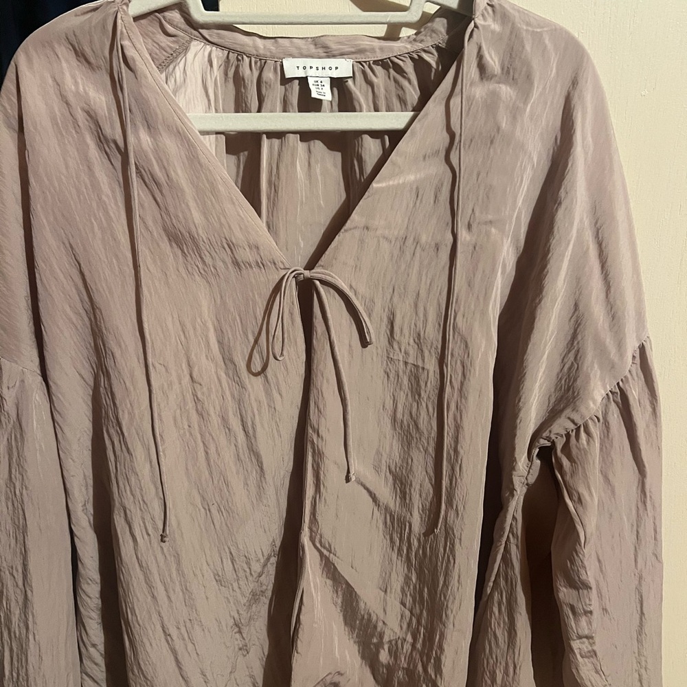 Topshop Brown Long Sleeve Tie Front Blouse